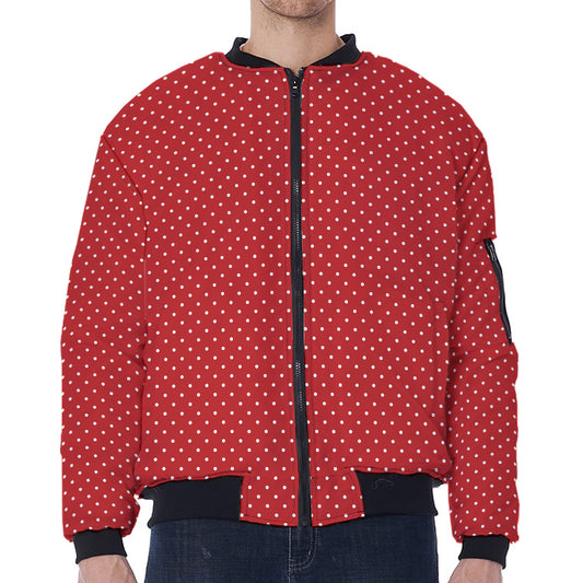 Red And White Polka Dot Print Zip Sleeve Bomber Jacket