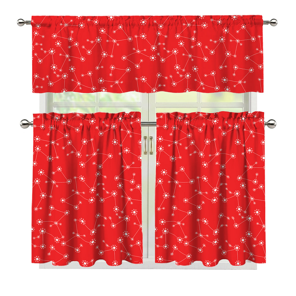 Red And White Snowflake Pattern Print 3 Piece Kitchen Curtains