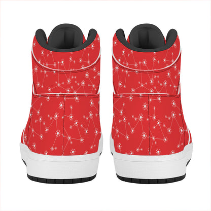 Red And White Snowflake Pattern Print High Top Leather Sneakers