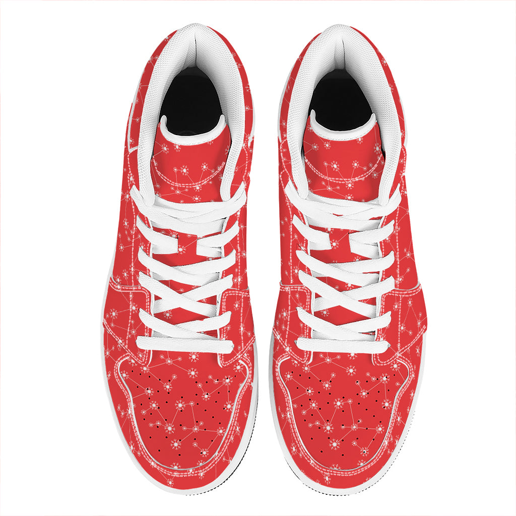 Red And White Snowflake Pattern Print High Top Leather Sneakers