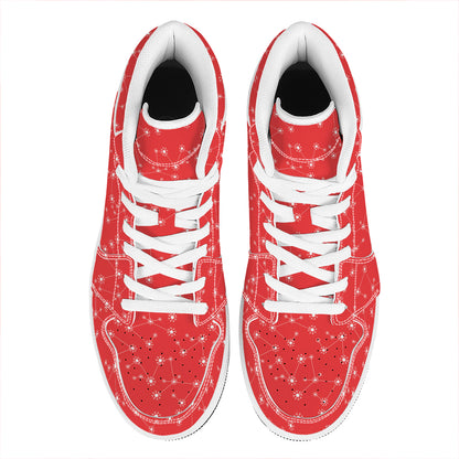 Red And White Snowflake Pattern Print High Top Leather Sneakers