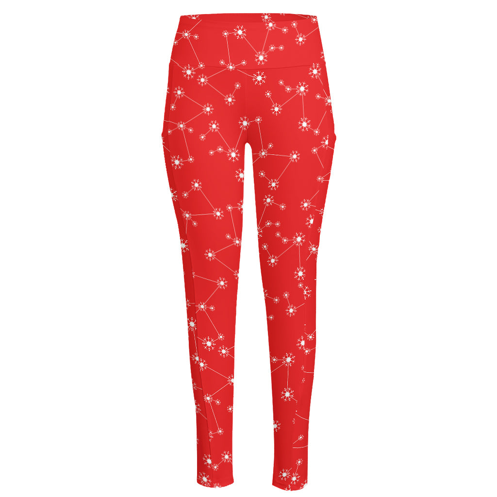 Red And White Snowflake Pattern Print High-Waisted Pocket Leggings