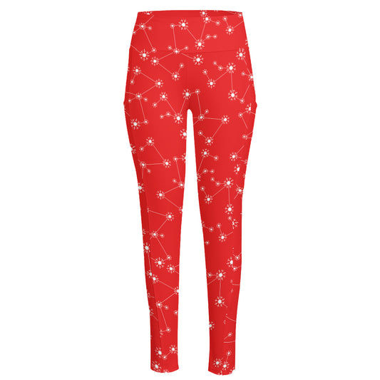 Red And White Snowflake Pattern Print High-Waisted Pocket Leggings