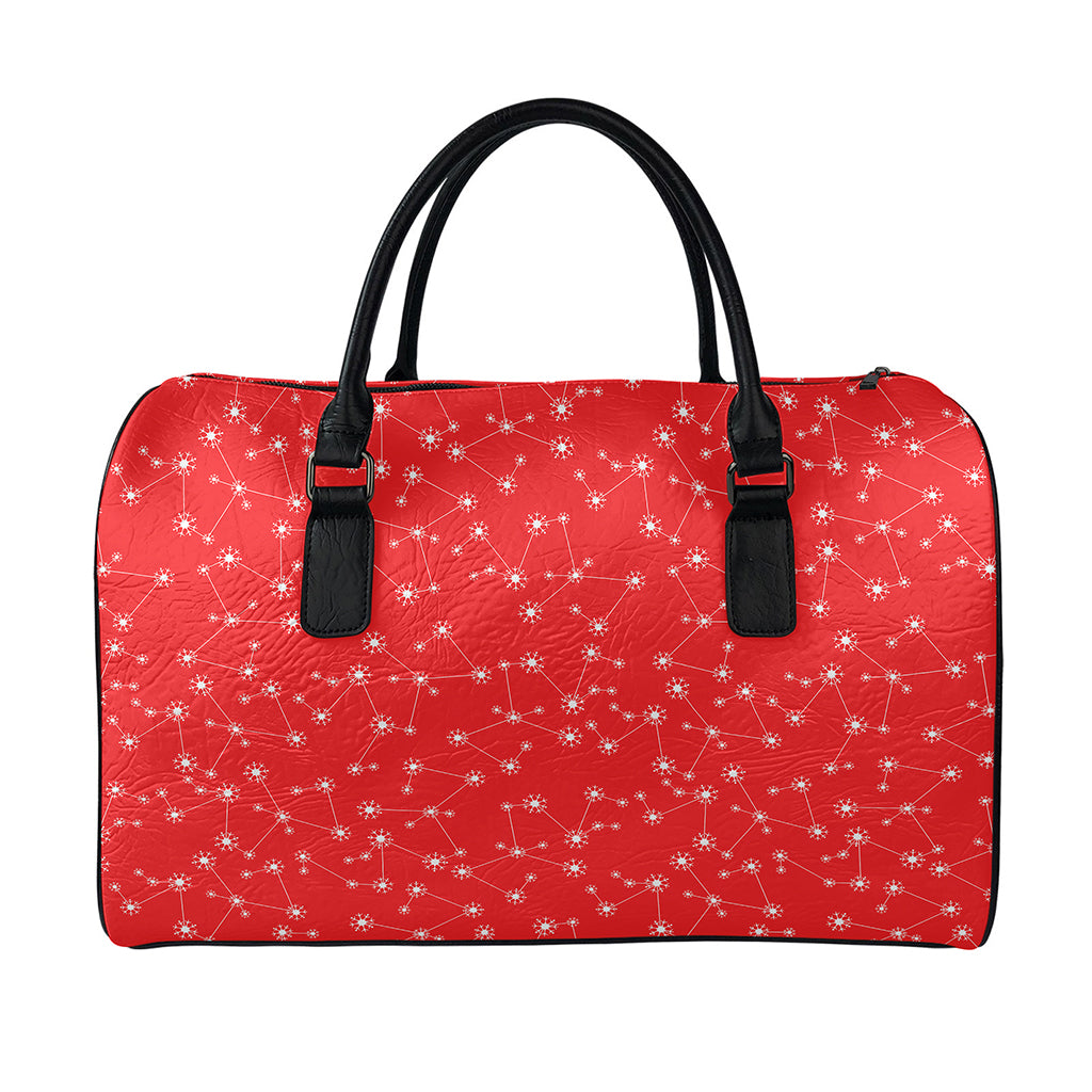 Red And White Snowflake Pattern Print Leather Duffle Bag