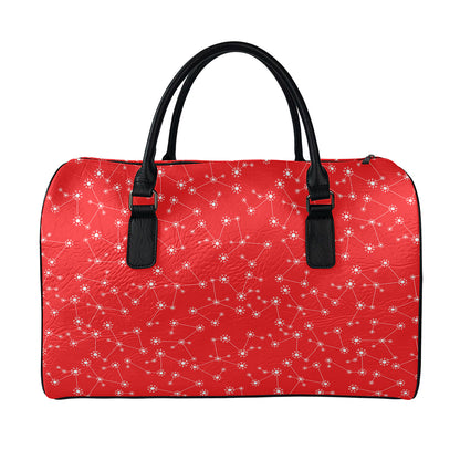 Red And White Snowflake Pattern Print Leather Duffle Bag