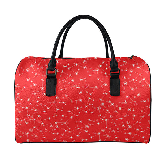 Red And White Snowflake Pattern Print Leather Duffle Bag