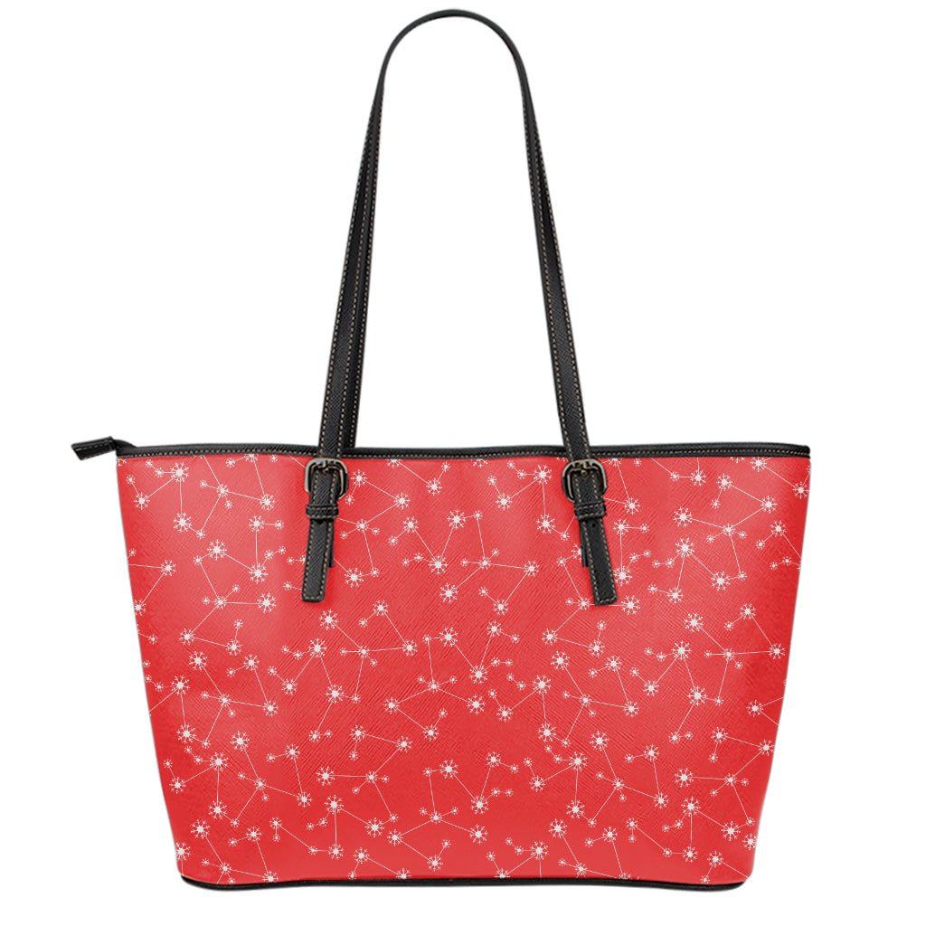 Red And White Snowflake Pattern Print Leather Tote Bag