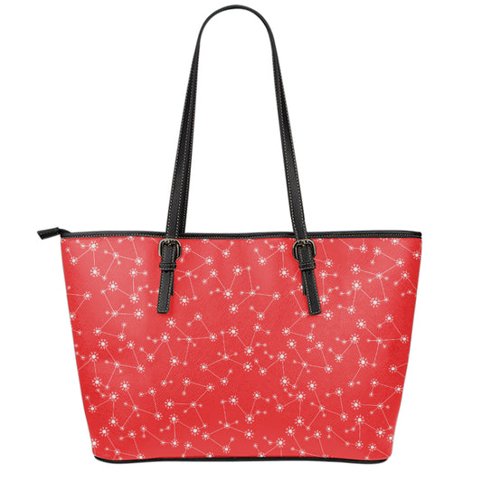 Red And White Snowflake Pattern Print Leather Tote Bag