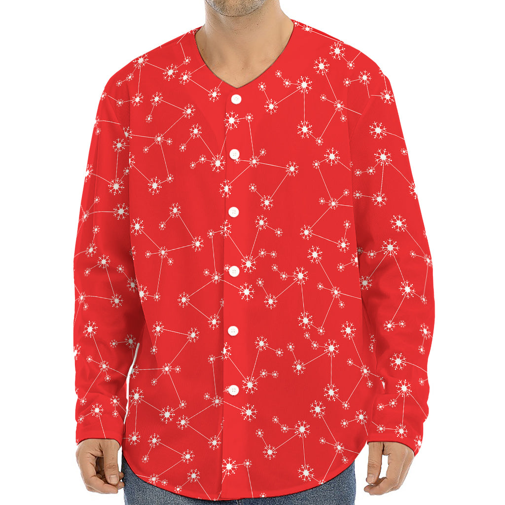 Red And White Snowflake Pattern Print Long Sleeve Baseball Jersey