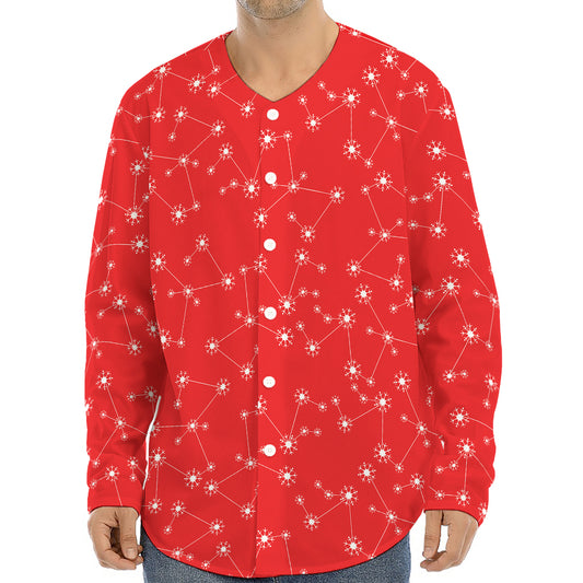 Red And White Snowflake Pattern Print Long Sleeve Baseball Jersey