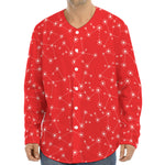 Red And White Snowflake Pattern Print Long Sleeve Baseball Jersey