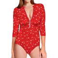 Red And White Snowflake Pattern Print Long Sleeve Swimsuit