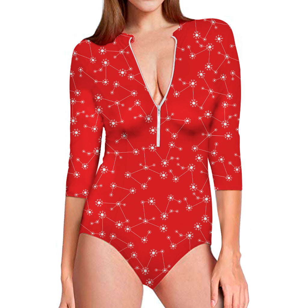 Red And White Snowflake Pattern Print Long Sleeve Swimsuit