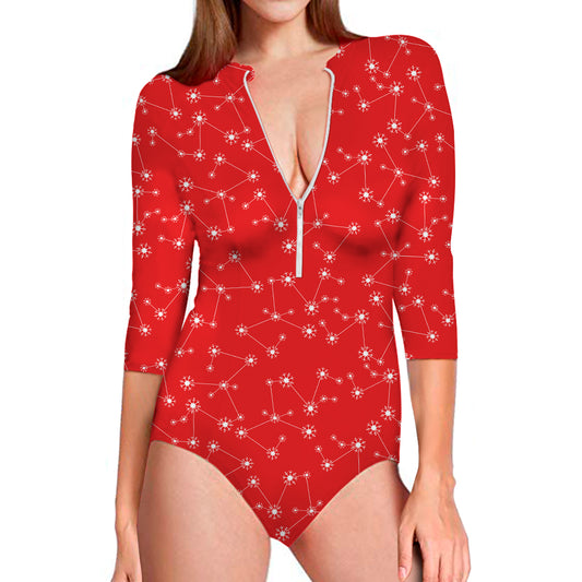 Red And White Snowflake Pattern Print Long Sleeve Swimsuit