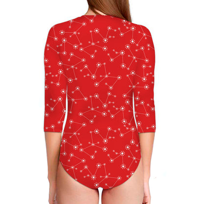 Red And White Snowflake Pattern Print Long Sleeve Swimsuit