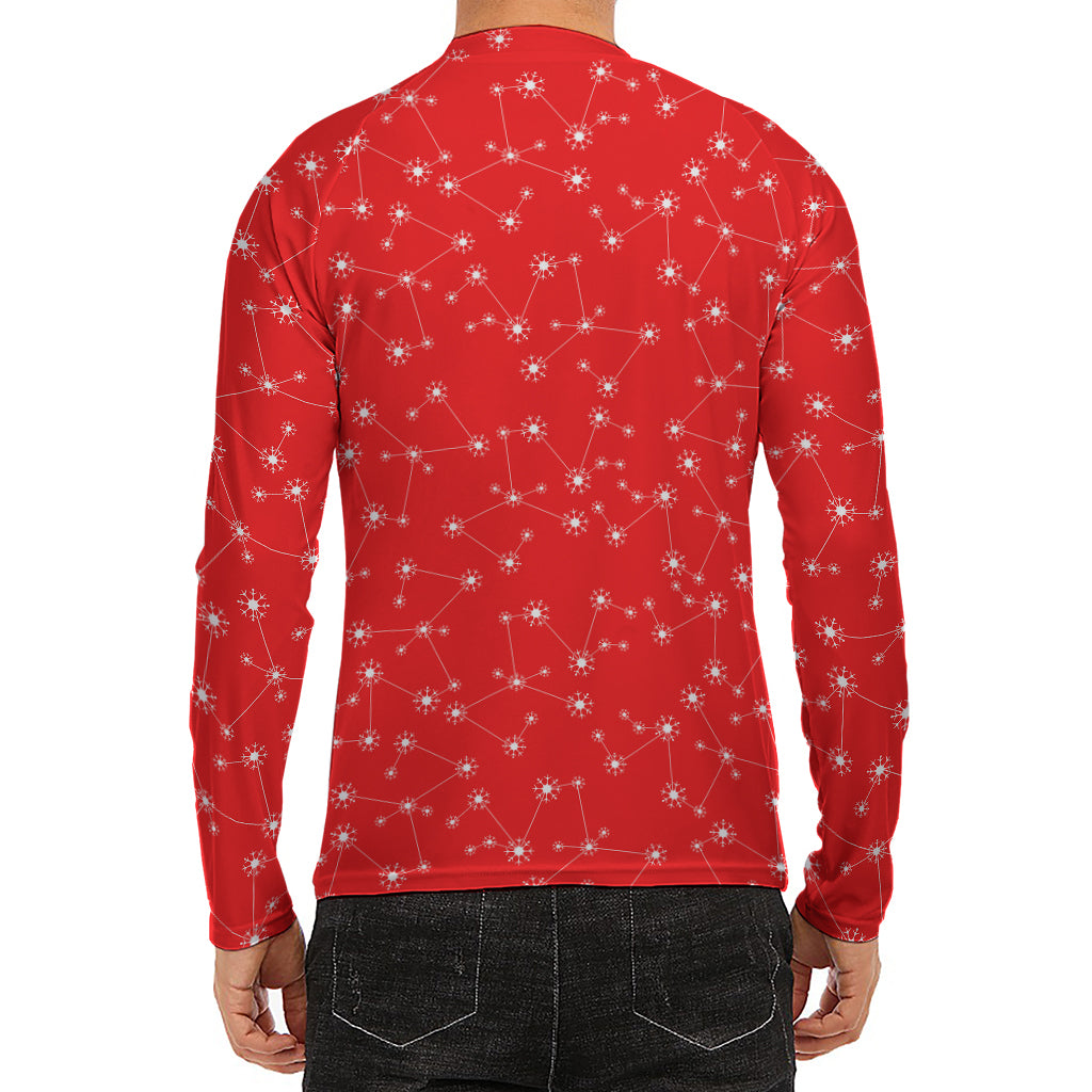 Red And White Snowflake Pattern Print Men's Long Sleeve Rash Guard