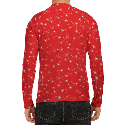 Red And White Snowflake Pattern Print Men's Long Sleeve Rash Guard