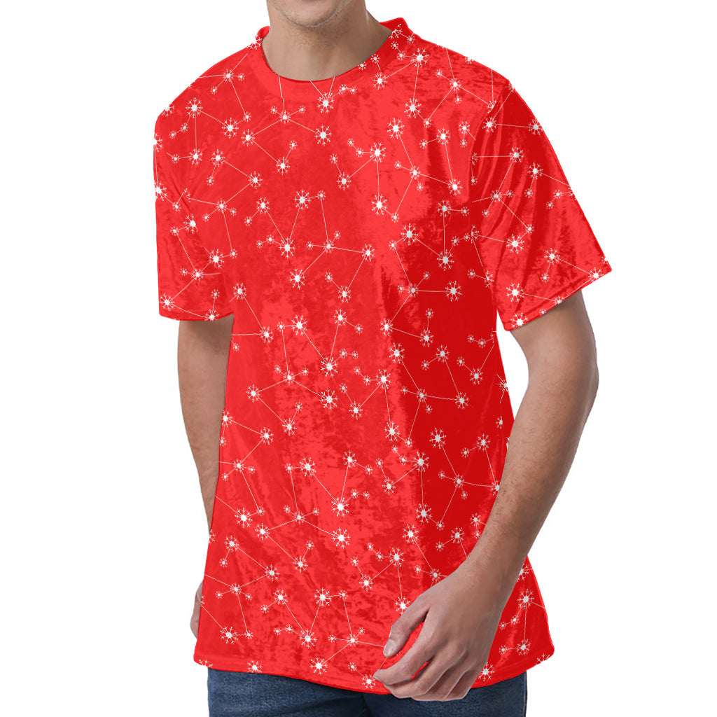 Red And White Snowflake Pattern Print Men's Velvet T-Shirt