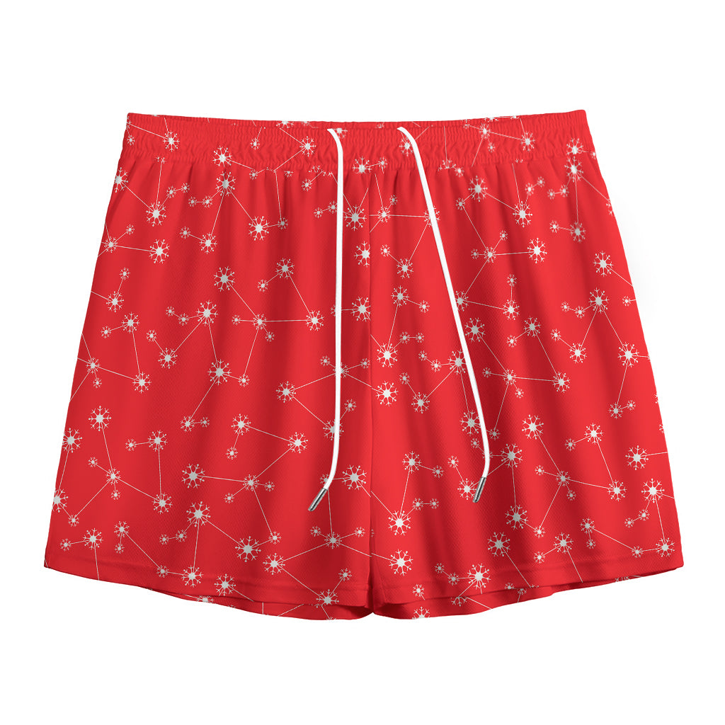 Red And White Snowflake Pattern Print Mesh Shorts