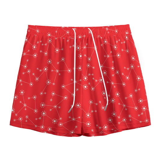 Red And White Snowflake Pattern Print Mesh Shorts