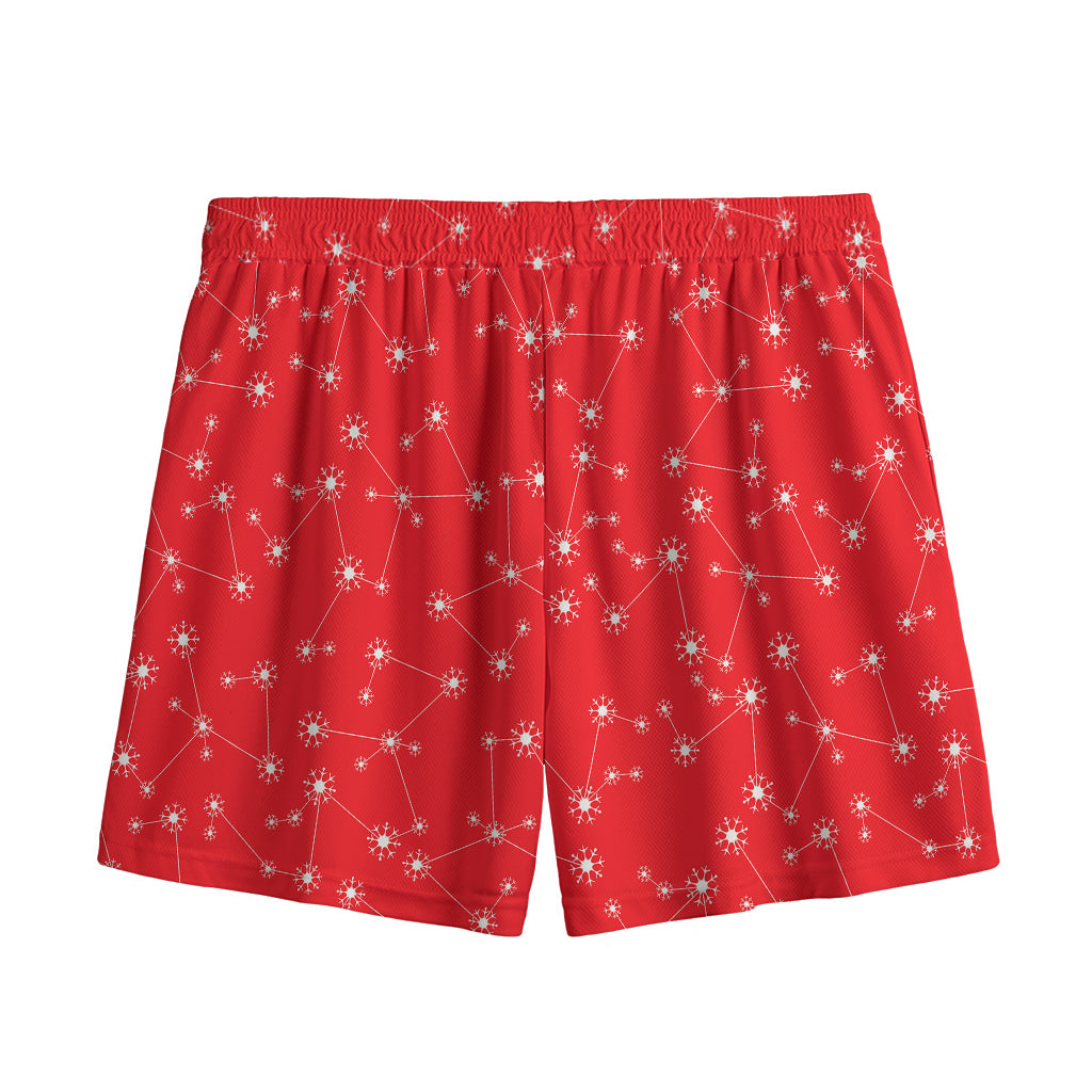 Red And White Snowflake Pattern Print Mesh Shorts