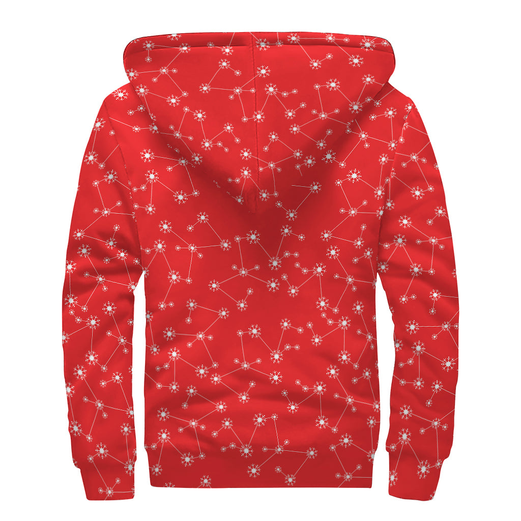 Red And White Snowflake Pattern Print Sherpa Lined Zip Up Hoodie