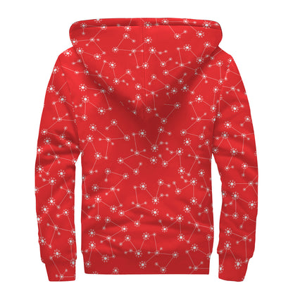 Red And White Snowflake Pattern Print Sherpa Lined Zip Up Hoodie