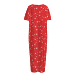 Red And White Snowflake Pattern Print Short Sleeve Long Nightdress