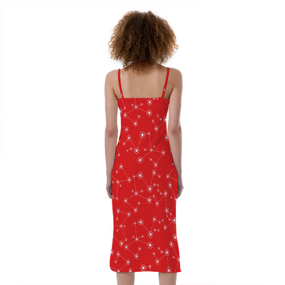 Red And White Snowflake Pattern Print Slim Fit Midi Cami Dress