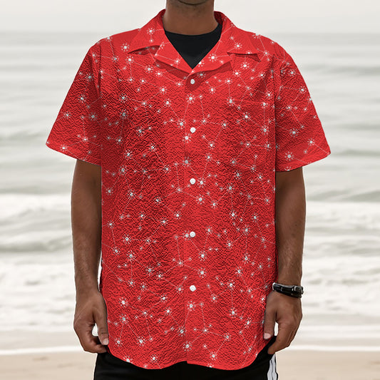 Red And White Snowflake Pattern Print Textured Short Sleeve Shirt