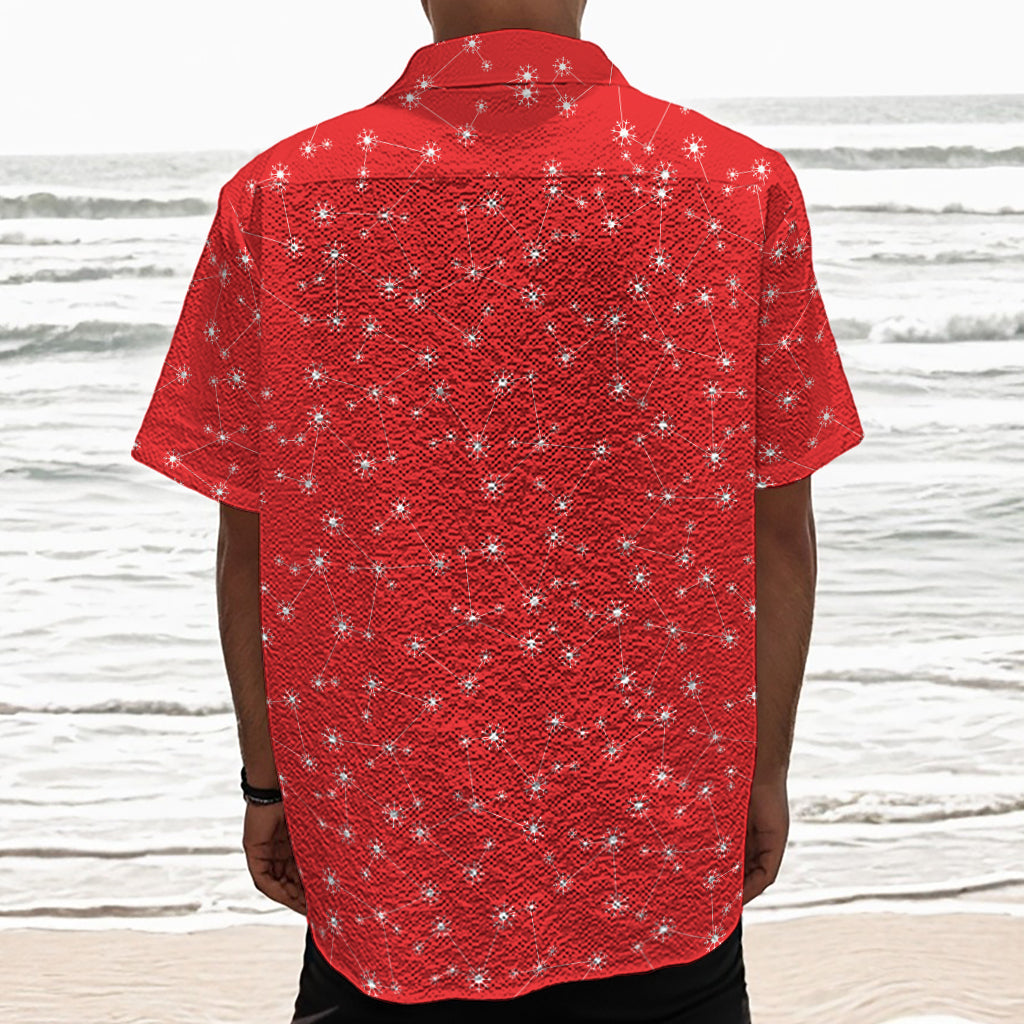 Red And White Snowflake Pattern Print Textured Short Sleeve Shirt