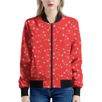 Red And White Snowflake Pattern Print Women's Bomber Jacket