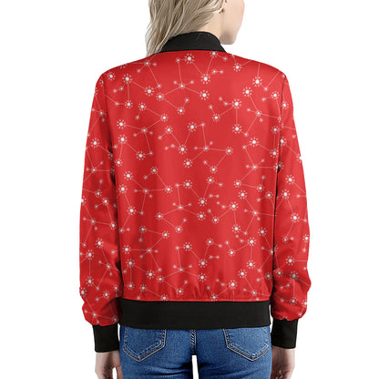 Red And White Snowflake Pattern Print Women's Bomber Jacket