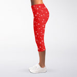 Red And White Snowflake Pattern Print Women's Capri Leggings