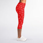Red And White Snowflake Pattern Print Women's Capri Leggings