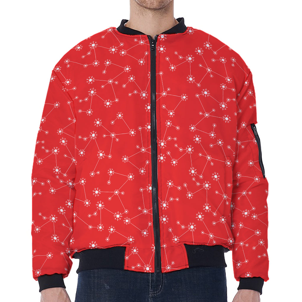 Red And White Snowflake Pattern Print Zip Sleeve Bomber Jacket