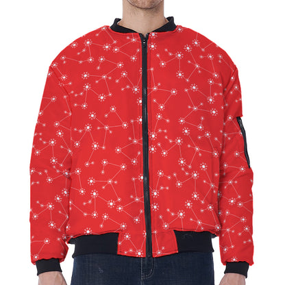 Red And White Snowflake Pattern Print Zip Sleeve Bomber Jacket