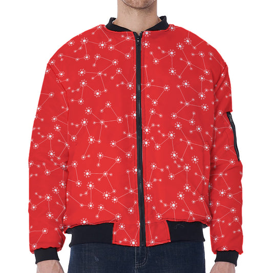 Red And White Snowflake Pattern Print Zip Sleeve Bomber Jacket
