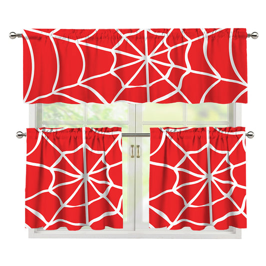 Red And White Spider Web Pattern Print 3 Piece Kitchen Curtains