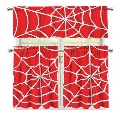 Red And White Spider Web Pattern Print 3 Piece Kitchen Curtains