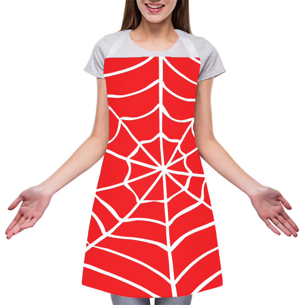 Red And White Spider Web Pattern Print Adjustable Apron