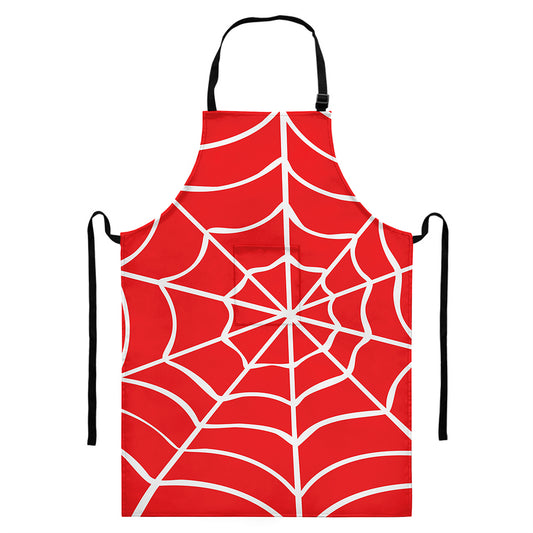 Red And White Spider Web Pattern Print Bib Apron With Pocket