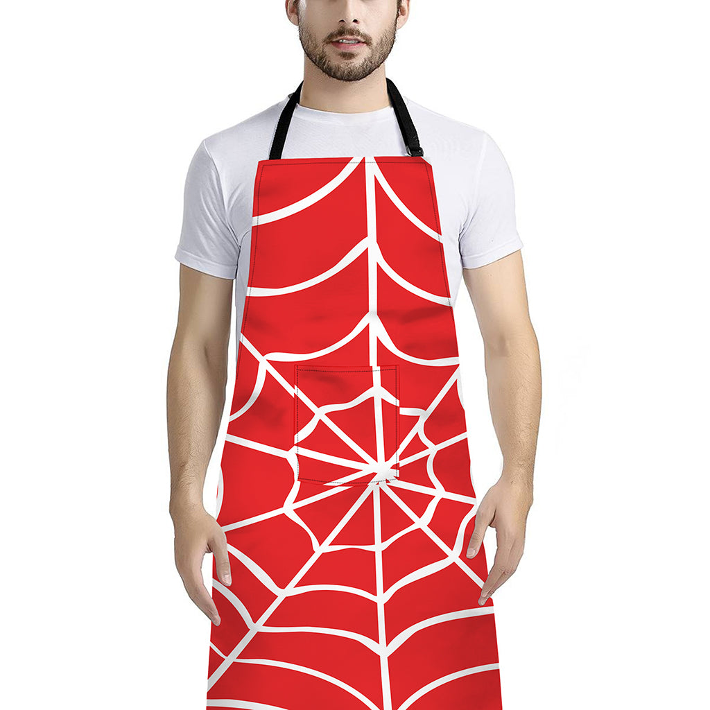 Red And White Spider Web Pattern Print Bib Apron With Pocket