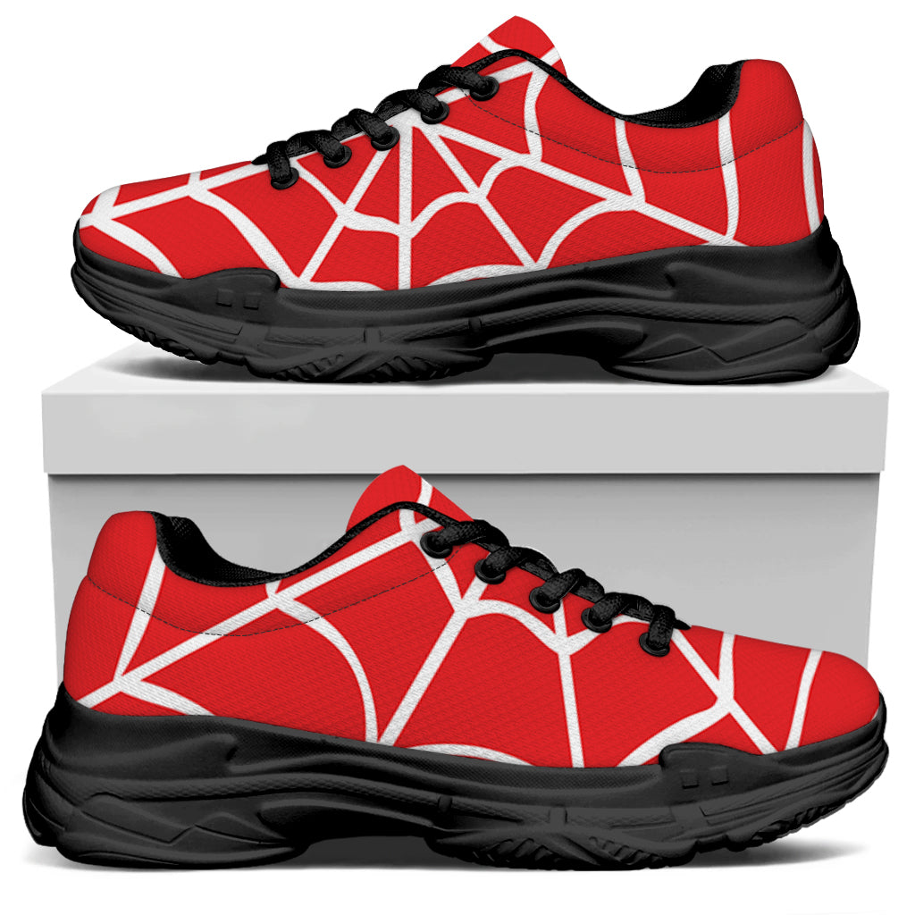 Red And White Spider Web Pattern Print Black Chunky Shoes