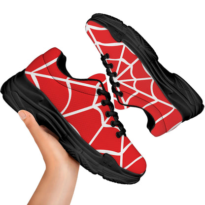 Red And White Spider Web Pattern Print Black Chunky Shoes