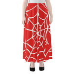 Red And White Spider Web Pattern Print Chiffon Maxi Skirt
