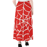 Red And White Spider Web Pattern Print Chiffon Maxi Skirt
