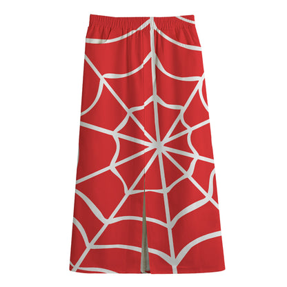 Red And White Spider Web Pattern Print Cotton Front Slit Maxi Skirt