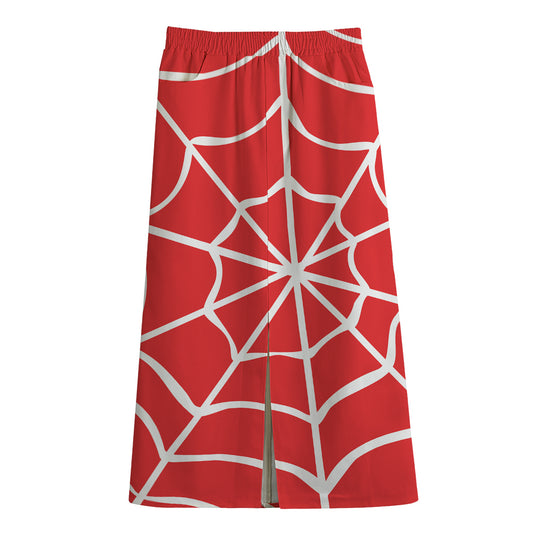 Red And White Spider Web Pattern Print Cotton Front Slit Maxi Skirt