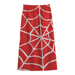 Red And White Spider Web Pattern Print Cotton Front Slit Maxi Skirt